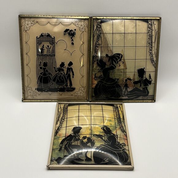 Set Of 3 Vintage Reverse Painted Convex Bubble Glass Silhouette Children Playing - Picture 1 of 5